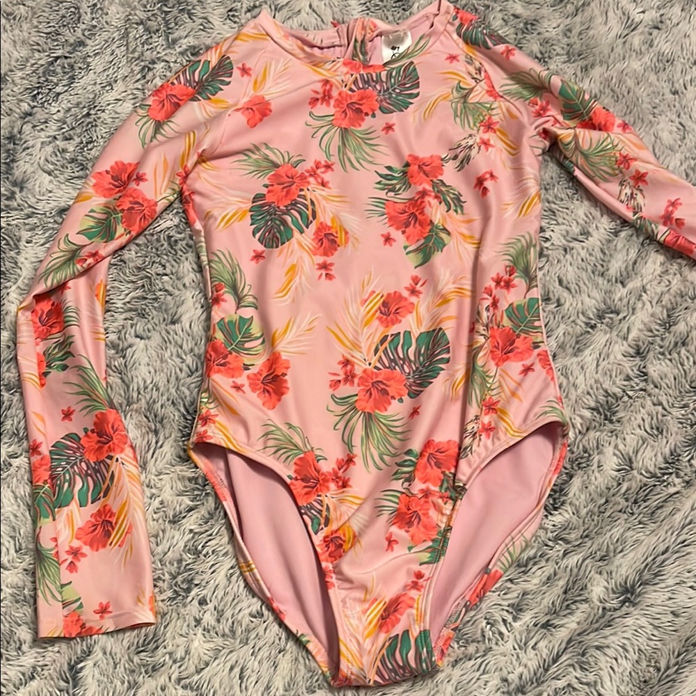 Floral Long Sleeve Kids Swimsuit - Pink